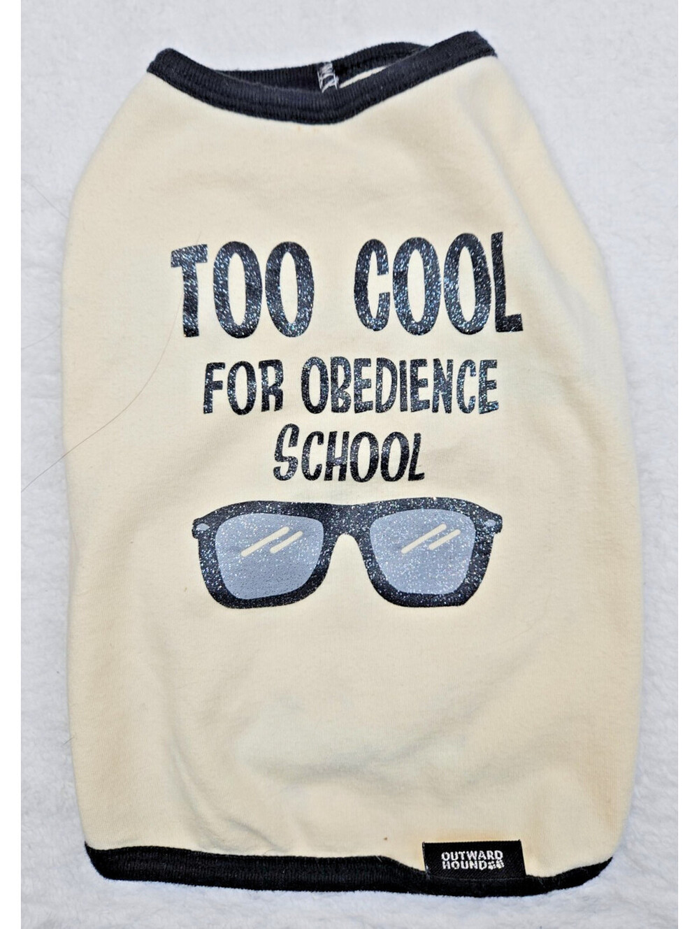 Outward Hound dog shirt with a palyful message: "TOO COOL FOR OBEDIENCE SCHOOL"